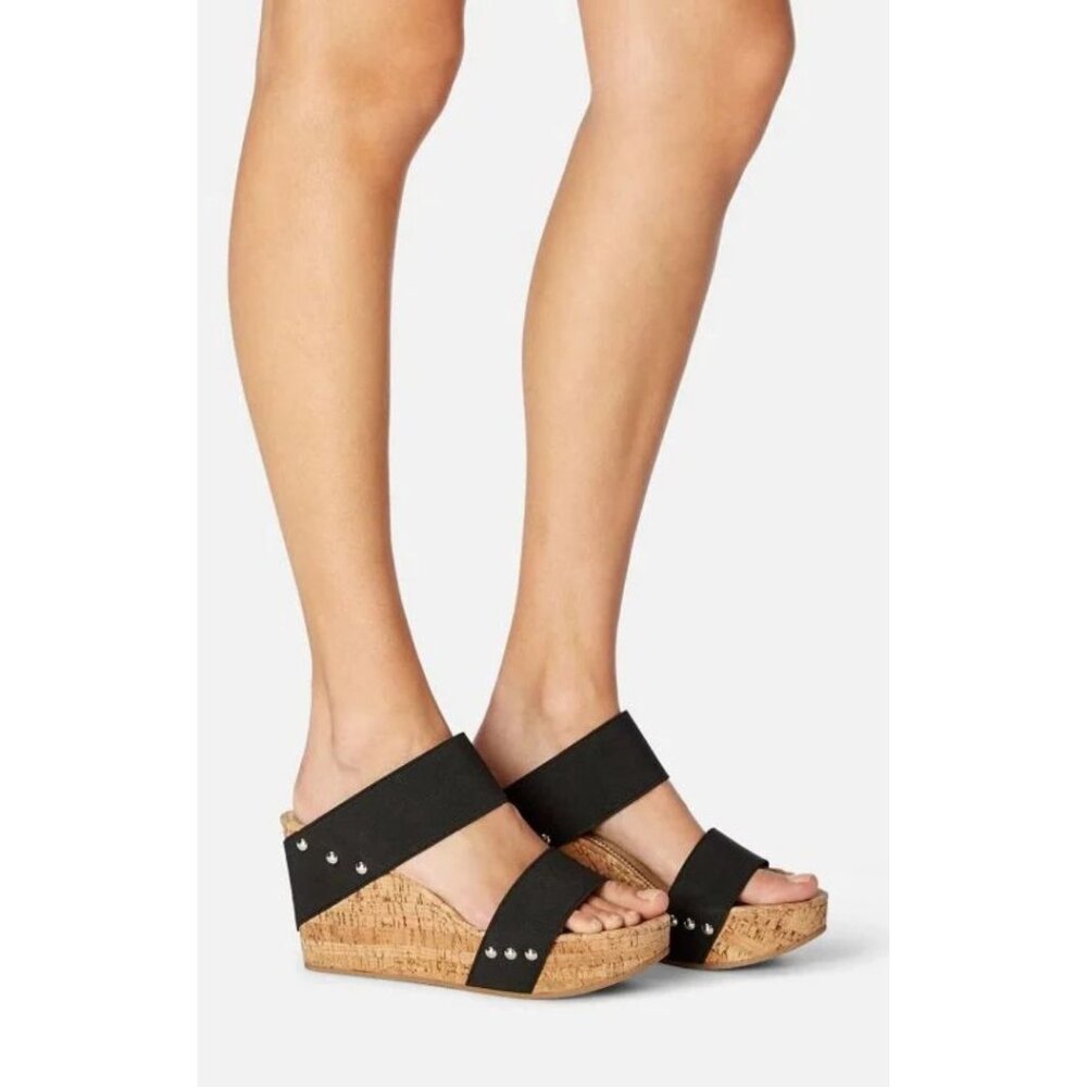 Sole Society Emilia Women's Fabric Cork Slide Sandals in Black/Tan - Sz 9.5